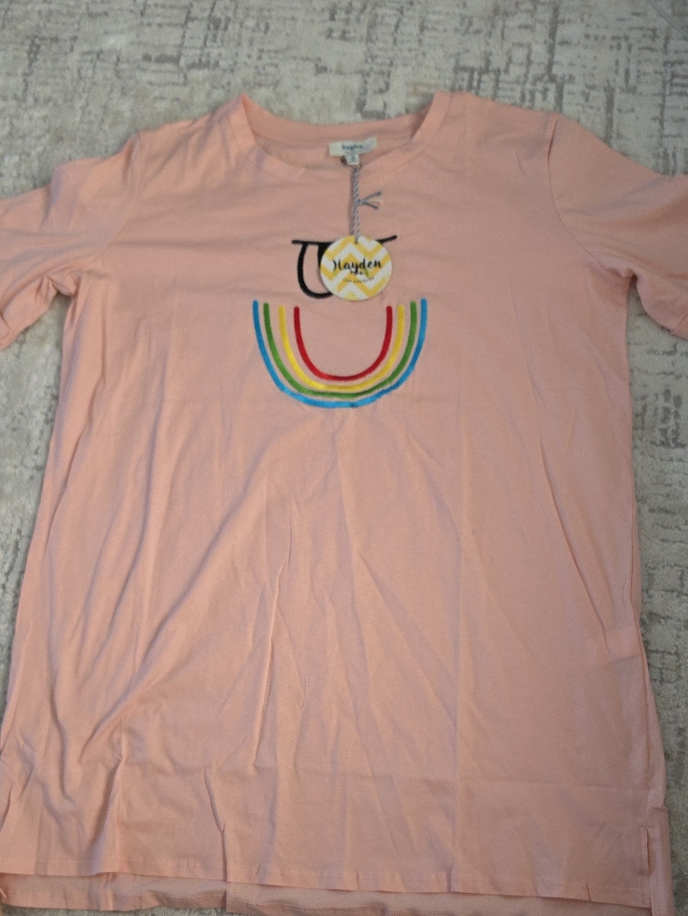 Hayden Women Pink Tee with Multicolor Embroidered Rainbow